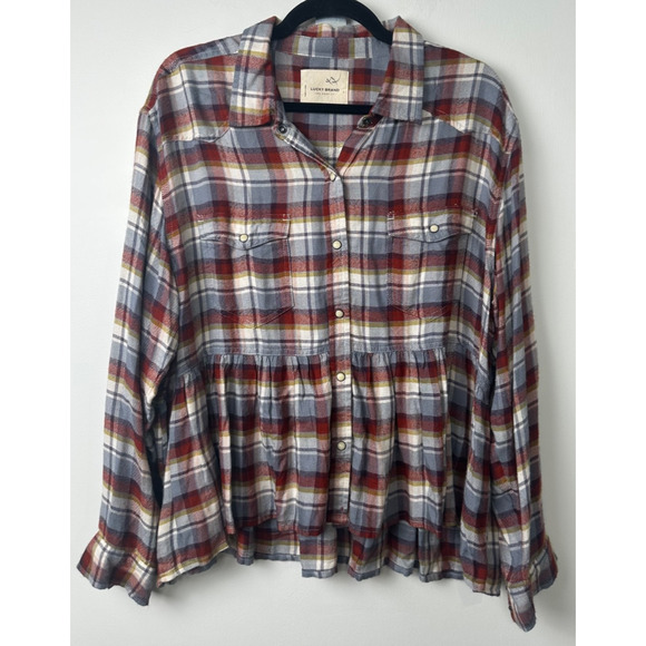 Lucky Brand Flannel Shirt Ruffle L Burgundy & Grey Plaid Peplum Ruffle Button B8 - Picture 2 of 9